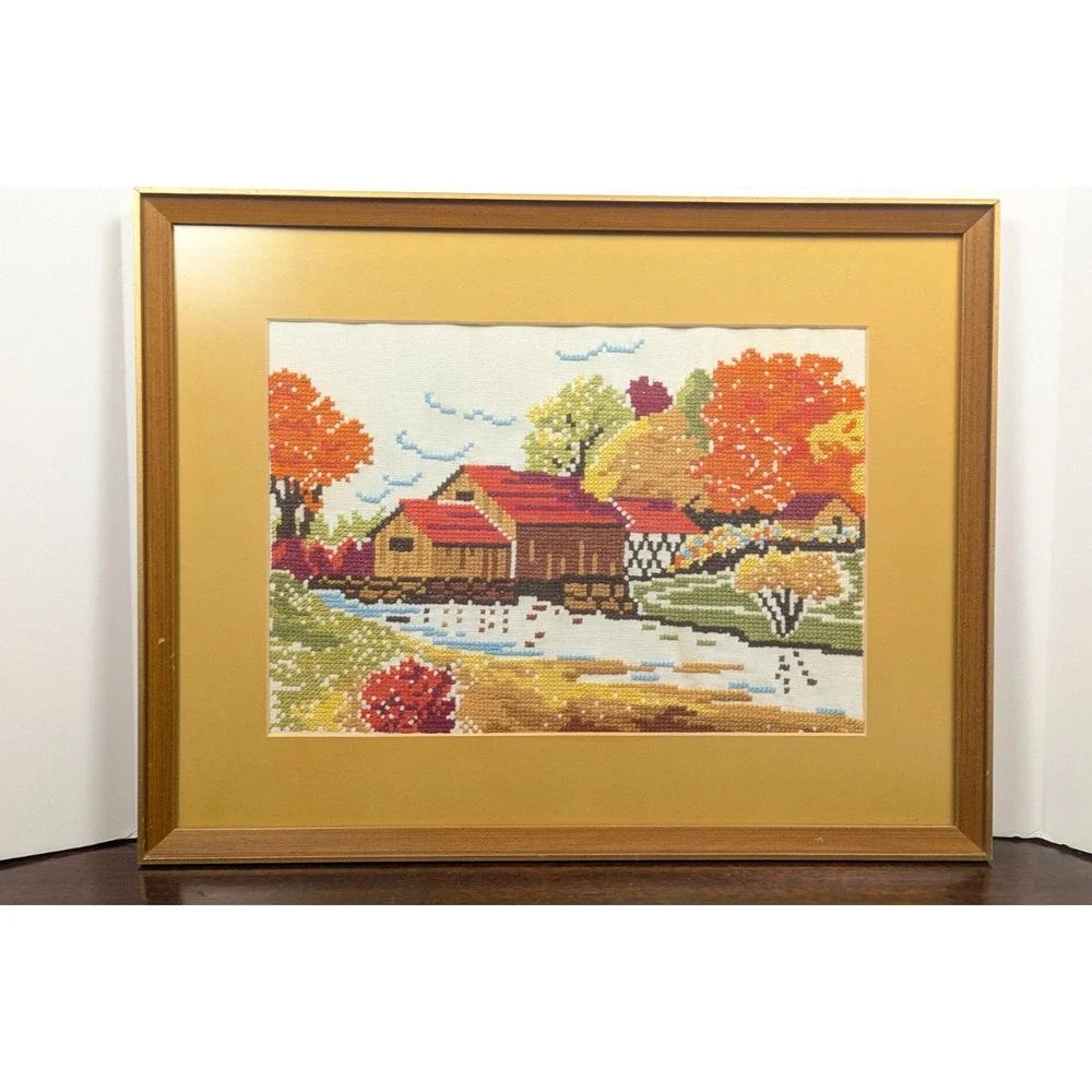 Vintage Handmade Counted Cross Stitch Autumn Covered Bridge Landscape Framed Art